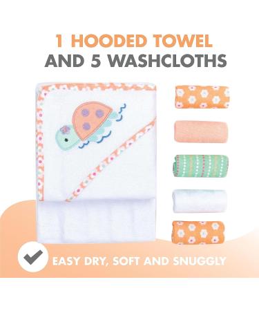 Mother's Choice Hooded Baby Towel Set with 5 Face Cloths | Lightweight Cotton Rich Absorbent | Large 75x75cm Baby Bath Towel for Newborn Boys and Girls | Turtle Design - Buy Online on GoSupps.com