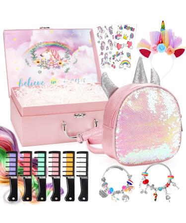 Unicorn Gift Set in Mystery Box for Girls - Pink Glitter Unicorn Bag, DIY Charm Bracelet Making Kit, Temporary Bright Hair Chalk, Glamorous Headband, Gift for Teen and Preteen Girls(Pink Unicorn Bag) Unicorn Bag Pink