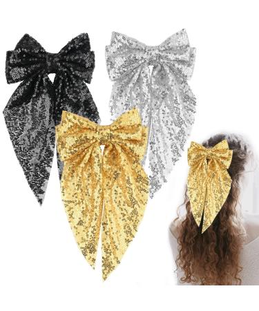 Bekecidi 3 PCS Large Bows for Women Glitter Sparkle Hair Bow Clip Solid Color Bowknot Hairpin Hair Bows Alligator Clip Hair Barrettes Hair Accessories for Toddlers Kids Christmas Birthday Gift
