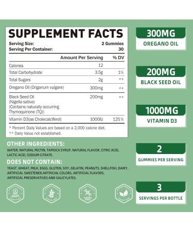 Oregano Oil Gummies 300mg | Oil of Oregano with 200mg Black Seed Oil + D3 1000IU | Organic Oregano Chewable Supplements | Carvacrol + Thymoquinone | Vegan, Non GMO | Immune & Gut Support | 60 Cts - Buy Online on GoSupps.com
