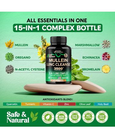 Mullein Leaf Extract 3500 mg 15-in-1 Lung Detox Supplement with Echinacea Oregano Quercetin & NAC Vegan Capsules & Tincture - USA Made Smokers Cleanse - Buy Online on GoSupps.com