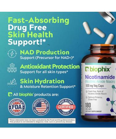 biophix B-3 Nicotinamide 500 mg 180 Vcaps - Free Vitamin C-1000 30 Tablets - Nicotinic Amide Niacin Natural Flush-Free Vitamin Formula - Supports Skin Cell Health - Buy Online on GoSupps.com