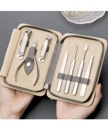 FAMILIFE 7PCS Manicure Set for Men - Professional Stainless Steel Nail Kit with Leather Travel Case - Grooming Gift Set in Gray and Orange - Buy Online on GoSupps.com