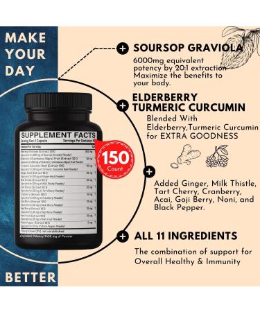 11in1 Graviola Soursop Leaves Capsules 9450mg - 5 Months Supply with Elderberry, Turmeric, Ginger & More - Mood, Immune & Body Health - 150 Vegan Capsules - Buy Online on GoSupps.com