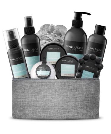 SpaLusive Luxury Home Spa Gift Basket for Men | 10-Piece Spa Kit with Hair & Body Wash, Hydrating Body Lotion, Cedarwood Soap, Bath Salts, Loofah in Cool Travel Toiletry Bag | Fathers Day for Men CederWood