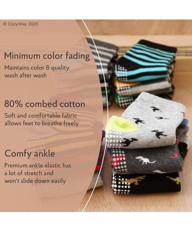 CozyWay Kids Non Slip Cotton Crew Socks - 12 Pairs, Anti-Skid with Grips, Striped, Boys & Girls 3-5 Years - Buy Online on GoSupps.com