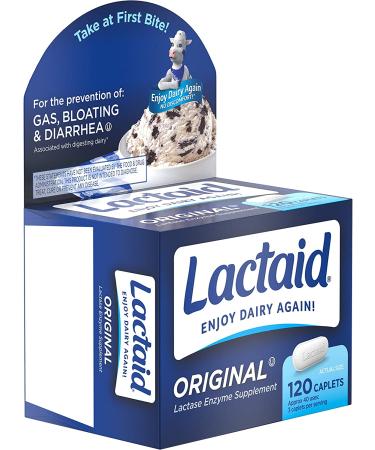Lactaid Original Strength Lactose Intolerance Relief Caplets 120 ct - Natural Lactase Enzyme Dietary Supplement for Gas, Bloating & Diarrhea Prevention - Buy Online on GoSupps.com