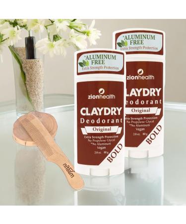 Adama Minerals Claydry Deodorant Original Bold 2-Pack - Aluminum Free Natural Odor Protection Gentle on Skin Fresh Scent for Men - Includes Wooden Comb - 25 Oz - Buy Online on GoSupps.com