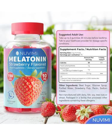 NUVIMI Melatonin Gummies - 10 mg Strawberry Flavored Dietary Food Supplement to Help Support Sleep - 150 Vegan Gummies - Buy Online on GoSupps.com