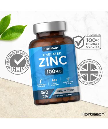 Zinc Tablets 100mg | High Strength Chelated Zinc Supplements | 360 Vegan Tablets | by Horbaach - Buy Online on GoSupps.com