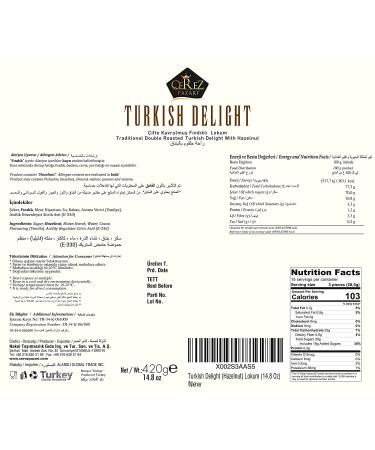 Cerez Pazari Turkish Delight Hazelnut Candy Gourmet Premium Vegan Sweets 14.8oz Gift Box | Glucose-Free Lokum Dessert | Traditional Soft Candy | Approx. 42 Pcs - Buy Online on GoSupps.com