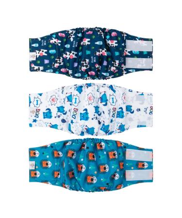 Cutebone male washable dog diapers belly bands 3 pieces of reusable dog abdominal tape for male high-suction dog wraps with flexible Velcro cow & lion l (43-53.5cm)