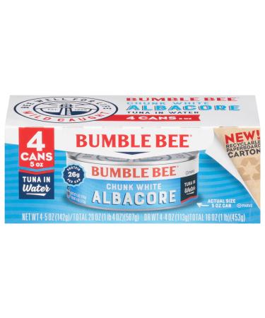 Bumble Bee Chunk White Albacore Tuna in Water, 5 oz Cans (Pack of 4) - Wild Caught Tuna - 20g Protein per Serving - Non-GMO Project Verified, Gluten Free, Kosher - Great for Tuna Salad & Recipes In Water 5 Ounce (Pack of 4)