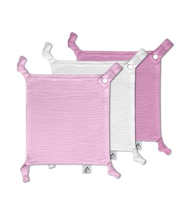Baby Luxe 5-in-1 Mini Muslin Square Bib Toy Holder Washcloth Comforter - With Clip Attachment For Baby Bag Pacifiers Teething Toys and More (Set of 3) (23_23_cm Baby Pink Medium Pink White) 23_23_cm Baby Pink Medium Pink White