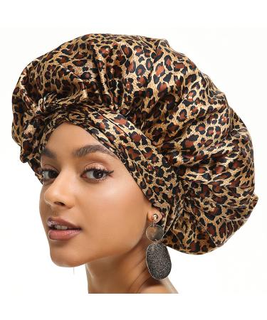 Satin Bonnet for Women  Silk Bonnet for Curly Hair Bonnet for Black Women  Satin Hair Wrap for Sleeping  Satin Bonnet with Tie Band Leopard