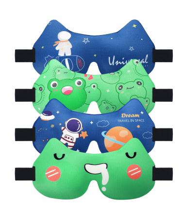 Sureio 4 Pairs Boys Sleep Eye Mask for Kids Cartoon Sleeping Mask Cute 3D Contoured Blackout Blindfold Night Masks for Men Women Travel Airplane Planet Rocket Frog Patterns Blue and Green