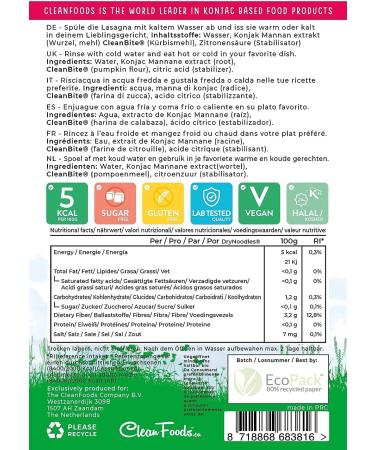 CleanFoods Raw Lasagna 200g I Konjac noodles I vegan gluten free low carb I only 6 calories per 100g I ready in 2 minutes - Buy Online on GoSupps.com