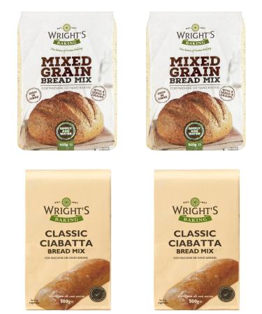 Wright's Baking | Bread Mix Selection Pack (2 Packs Mixed Grain Bread Mix 500g + 2 Packs Classic Ciabatta Bread Mix 500g) | For Machine or Hand Baking