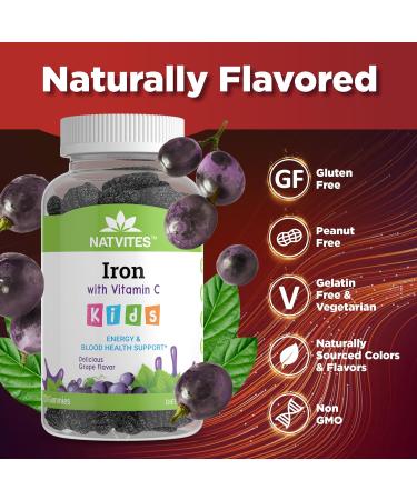 Natvites Kids Iron Gummies with Vitamin C - Delicious Grape Flavor - Energy & Blood Health Support - Gluten Free Non-GMO Vegetarian Children's Iron Supplement for Kids and Toddlers Age 2+ (120 Count) - Buy Online on GoSupps.com