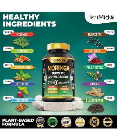 Tenmido Moringa Oleifera Supplement for Men and Women 10in1 Formula with Turmeric Ashwagandha Ceylon Cinnamon Beet Root Saffron & More - Energy Immune Support - Nutrient Rich - 150 Capsules - Buy Online on GoSupps.com