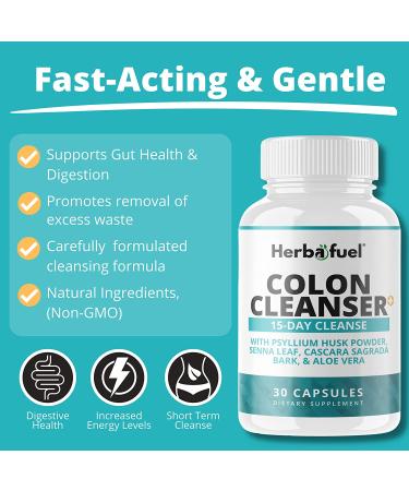 Herbafuel Colon Cleanse - Detox Support for Gut Health, Bloating Relief - Probiotics, Fibers, Psyllium Husk Powder - Non-GMO - Buy Online on GoSupps.com