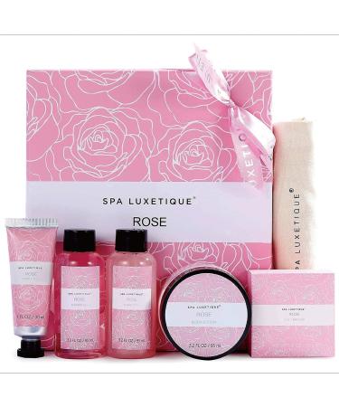 Bath Gifts Set for Women - Spa Luxetique 6pcs Rose Travel Gift Box Relaxing Home Spa Kit Includes Bubble Bath Body Lotion Shower Gel Bar Soap Hand Cream Travel Bag. Mothers Day Birthday & Christmas Gifts Idea for Her