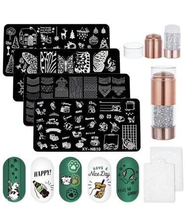 Niceneeded Nail Art Stamping Kit with 4 pieces of cat butterfly-picture nail stencils 1 nail stamp 2 nail scraps with flower pattern plates