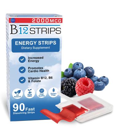 Essential Source 2 000 mcg Methylcobalamin Vitamin B12 Sublingual Energy Strips | Biotin B6 5-MTHF L-Methylfolate | Sublingual B12 Vitamins Folate | Energy Brain Health Nerve Function - 90 Strips 90 Count (Pack of 1)