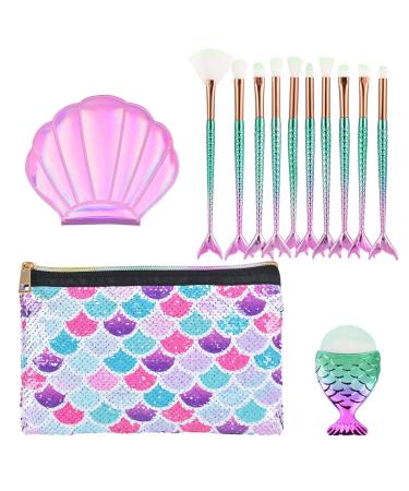 Mermaid Makeup Brush Sets with Cosmtic Bag - 13 PCS Beauty Makeup Tools Eye Shadow Eyeliner Concealer Foundation Blending Blush Brushes Compact Pocket Mirror Sequins Cosmetic Case Bag