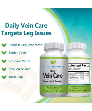 Coast to Coast Nutrition Daily Vein Care Supplement Capsules Circulation Formula with a Natural Blend of Calcium Vitamin D3 Vitamin K2 Plus BioPerine for Max Absorption Vein Formula 60 Capsules - Buy Online on GoSupps.com