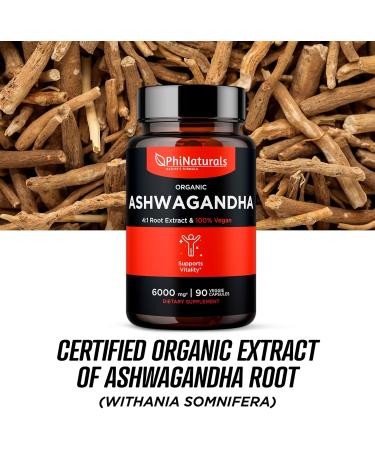 PhiNaturals Organic Ashwagandha Root Extract in Vegan Capsules Equal to 6000 Mg Root - Ashwaganda Supplement for Men and Women with 1500 Mg Per Serving 30 Servings - 500mg Per Vegan Capsule 90 Count - Buy Online on GoSupps.com