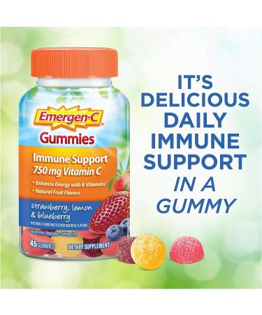 Emergen-C 750mg Vitamin C Immune Support Gummies - Gluten Free - Strawberry, Lemon & Blueberry Flavors - 45 Count Pack - Buy Online on GoSupps.com