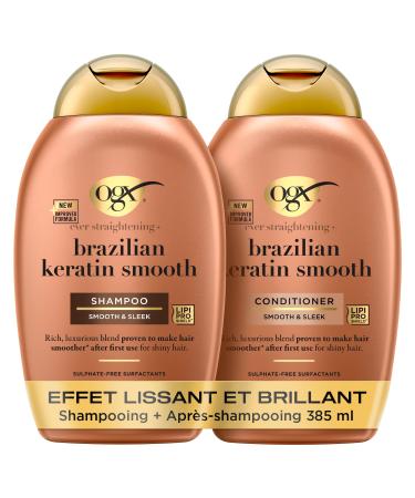 OGX Shampooing + Apr s-Shampooing Brazilian Keratin Smooth Effet Lissant et Brillant (lot de 2 flacons de 385 ml) - Apr s-shampoing fortifiant pour des cheveux doux et brillants
