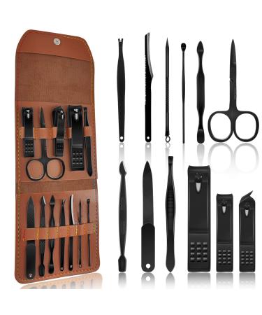 Rovepic 12 Pcs Manicure Set Professional Stainless Steel Care Pedicure Nail Clippers Kits for Men Women Travel Grooming Hygiene Facial Hand Foot Cutter Care Tools Set with Leather Storage Case (Brown) Black