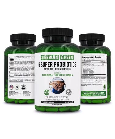 Siberian Green 6 Super Probiotics 120 Capsules - Traditional Formula Rich with Bifido & Lacto Acidophilus to Soothe Digestion Restore Normal Flora