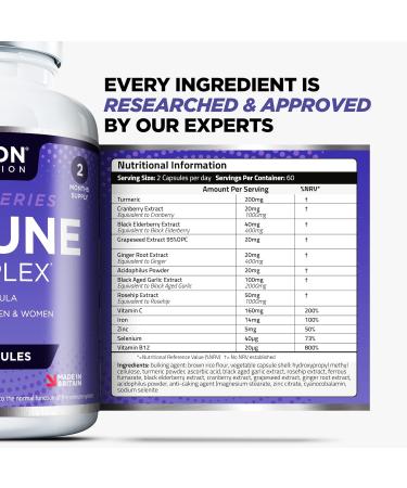 Immune Support Supplement - 120 Capsules - Vitamin C, Zinc, Selenium, Elderberry, Ginger, Turmeric - UK Formulated - Buy Online on GoSupps.com