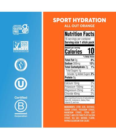 Nuun Sport Electrolyte Powder Packets with Magnesium Calcium Potassium Chloride and Sodium Hydration Packets for On-The-Go All Out Orange Flavor Gluten Free & Vegan 16 Single Servings Packets All Out Orange 1 Pound  - Buy Online on GoSupps.com