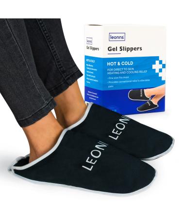LEONNS Gel Ice Pack Slippers - Provides Hot and Cold Therapy for Foot Pain Neuropathy Pain Relief for Feet Gout Relief Swollen Feet Plantar Fasciitis and Heel Spurs- One Size Fits Most (Black)