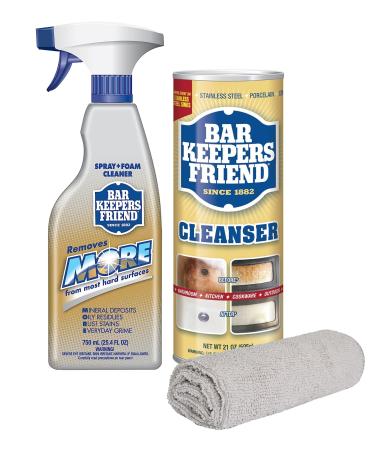 PURPUR Cloth & Bar Keepers Friend MORE Foam Spray (25.4) + Powder Cleanser (21 oz) Multipurpose Cleaner Stain & Rust Remover for Bathroom Kitchen & Outdoo Stainless Steel Aluminum Brass Tile