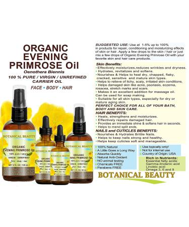 Evening Primrose Oil 100% Pure Natural Cold Pressed Carrier Oil for Face Skin Hair & Nails - 2 Fl. oz | Botanical Beauty - Buy Online on GoSupps.com