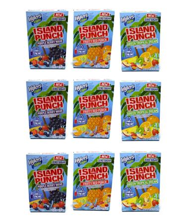 Wyler's Light Island Punch Singles to Go - Variety Pack - Sugar Free - Gluten Free - No Caffeine - 90 Flavor Packets Total - 3 Flavors - Fruity Red Punch Green Tropical Dream and Purple Berry Wave