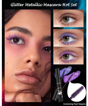 Blue Purple Glitter Metallic Mascara for Eyelashes-2PCS Colored Tubing Mascara Volume and Length Longlasting Waterproof Smudge-Proof Curling Mascara for Women Cosplay Party Stage Use Eye Makeup 03 Blue +04 Purple - Buy Online on GoSupps.com