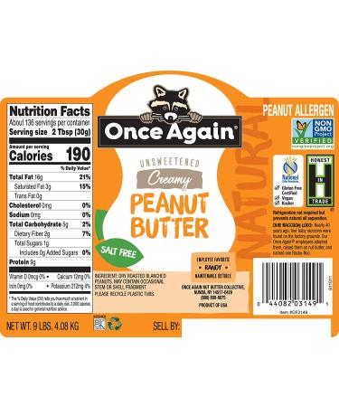 Once Again Natural Creamy Peanut Butter 9lb - Salt Free, Gluten Free, Vegan, Non-GMO - Buy Online on GoSupps.com