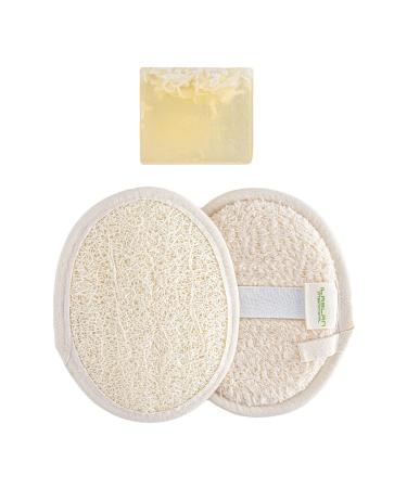Natural Loofah Exfoliating Body Scrubber 2 Pads & Goat Milk Soap Bar (Pack of 1) | Shower Loofah Sponge | Exfoliating Loofah Sponge for Shower Luffa Loofa Bath Sponge for Women & Men