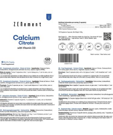 Calcium Citrate with Vitamin D3 120 Capsules for Bone Health | Prevent Low Calcium Levels | Additive-Free Allergen-Free Non-GMO | Zenement - Buy Online on GoSupps.com