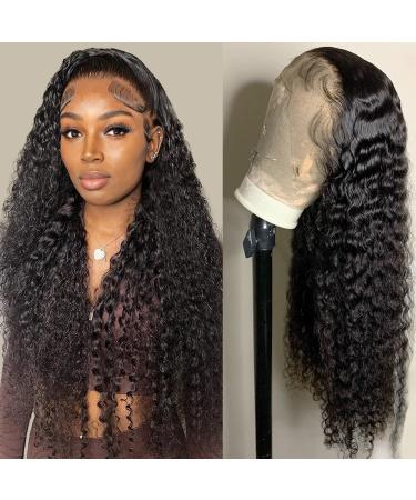 Deep Wave Lace Front Wigs Human Hair 13x4 HD Transparent Lace Frontal Curly Wigs for Black Women Human Hair 180% Density Glueless Wigs Human Hair Pre Plucked with Baby Hair Natural Black (26 Inch)