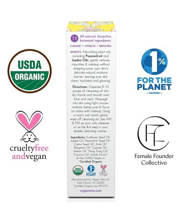 Vegan Mia Organic Facial Cleansing Oil & Makeup Remover - 100% Plant-Based Hydrating Cleanser with Jojoba Oil & Castor Oil - for Face, Eyes & Lips - 3.4 fl oz - Buy Online on GoSupps.com