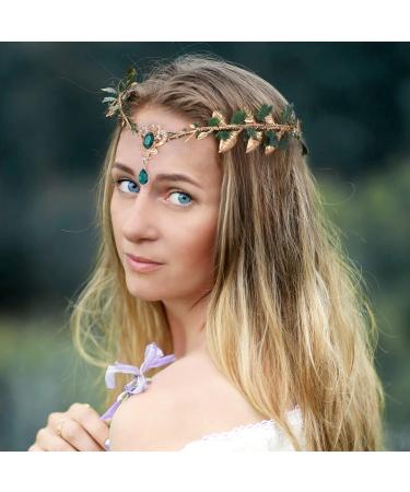 MOSTORY Gold Elf Leaves Circlet for Women Green Crystal V-shape Crown for Womens Woodland Fairy Floral Headpiece for Wedding Birthday Party Queen Cosplay Hair Accessory Halloween Renaissance - Buy Online on GoSupps.com