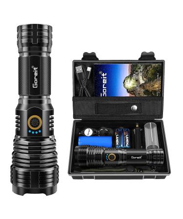 Flashlights LED High Lumens Rechargeable, Goreit 20000 Lumens XHP70.2 Super Bright Flashlight, High Powered Flash Light, Powerful Handheld Tactical Flashlights for Emergency Camping Hiking Gift Black