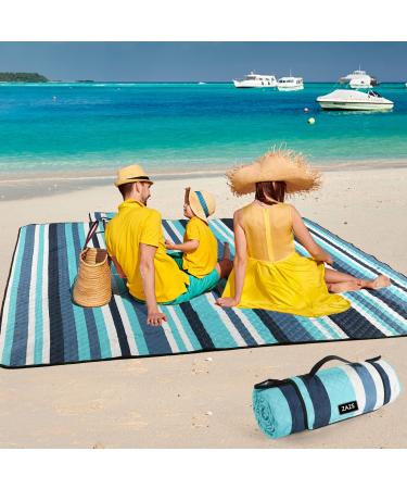 ZAZE Picnic Blankets Beach Blanket, 80''x80'' Extra Large Thick 3-Layers, Sandproof Machine Washable Waterproof Foldable Oversized XL Outdoor Mat, for Camping, Park, Travel, Grass(Blue White Stripe) Blue and White Stripe